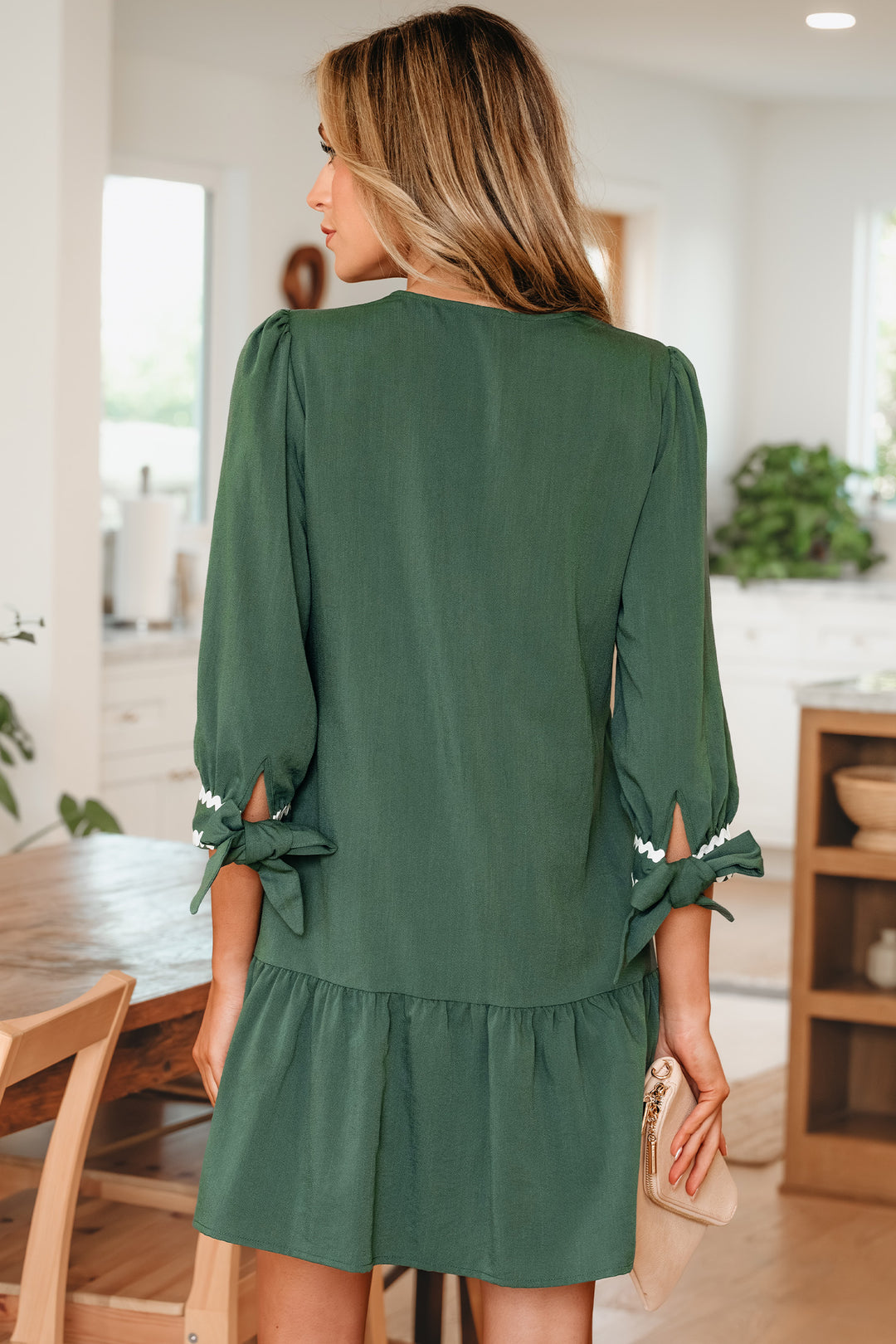 Contrast Ricrac Trim Button V Neck Knotted Bracelet Sleeve Shift Dress
