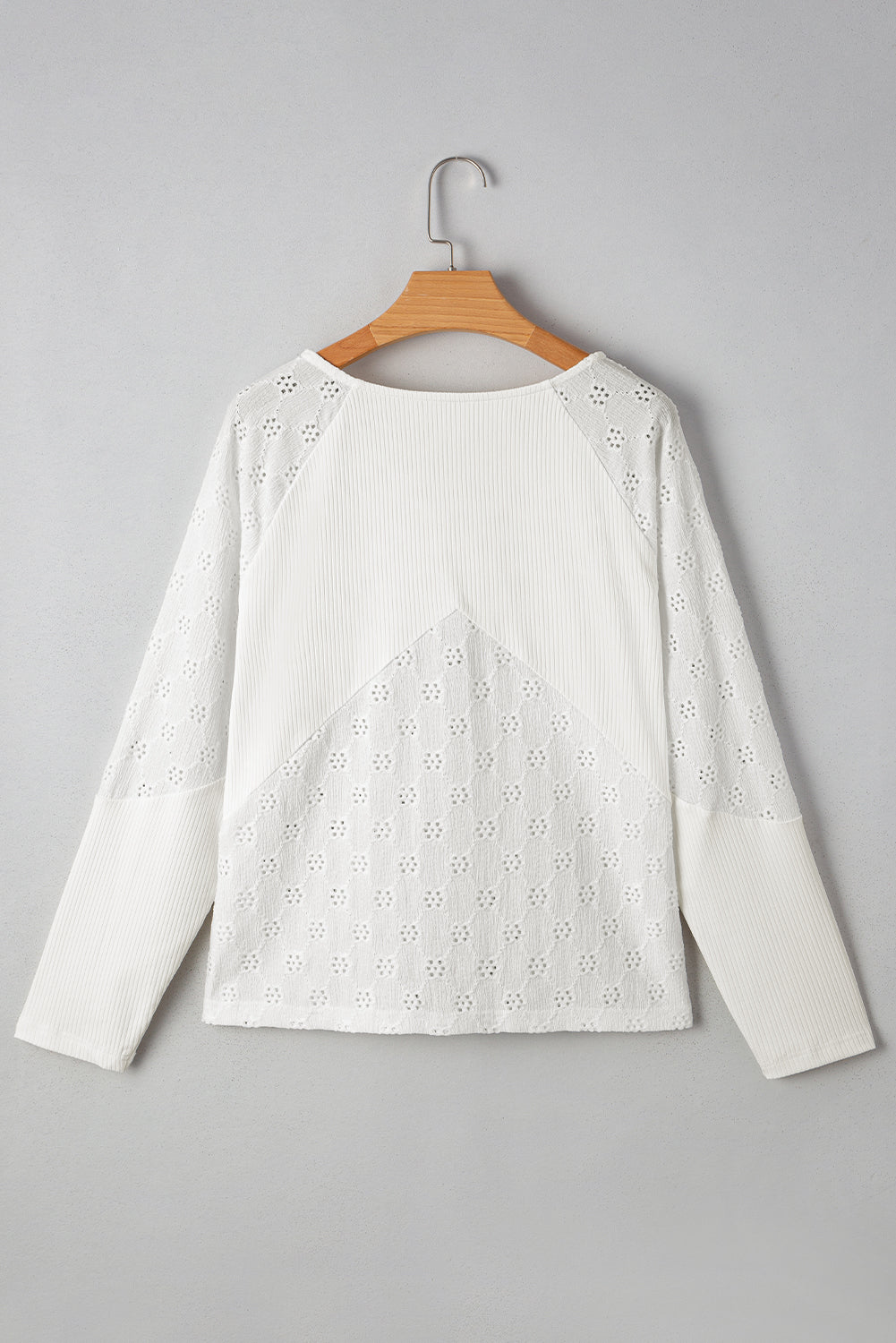 Twisted Rib Patchwork Embroidered Loose V Neck Long Sleeve Top