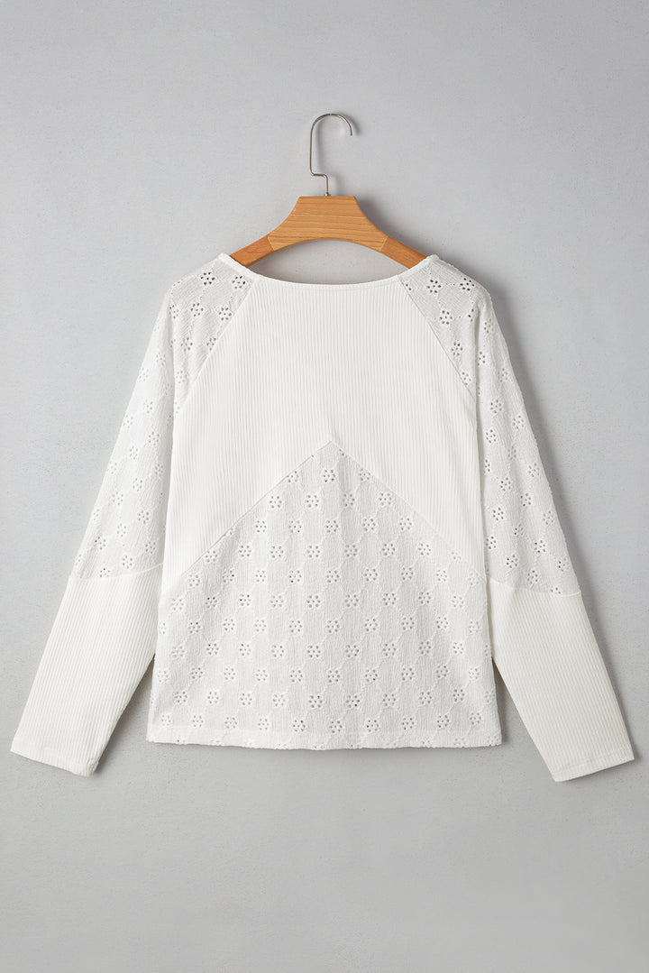 Twisted Rib Patchwork Embroidered Loose V Neck Long Sleeve Top