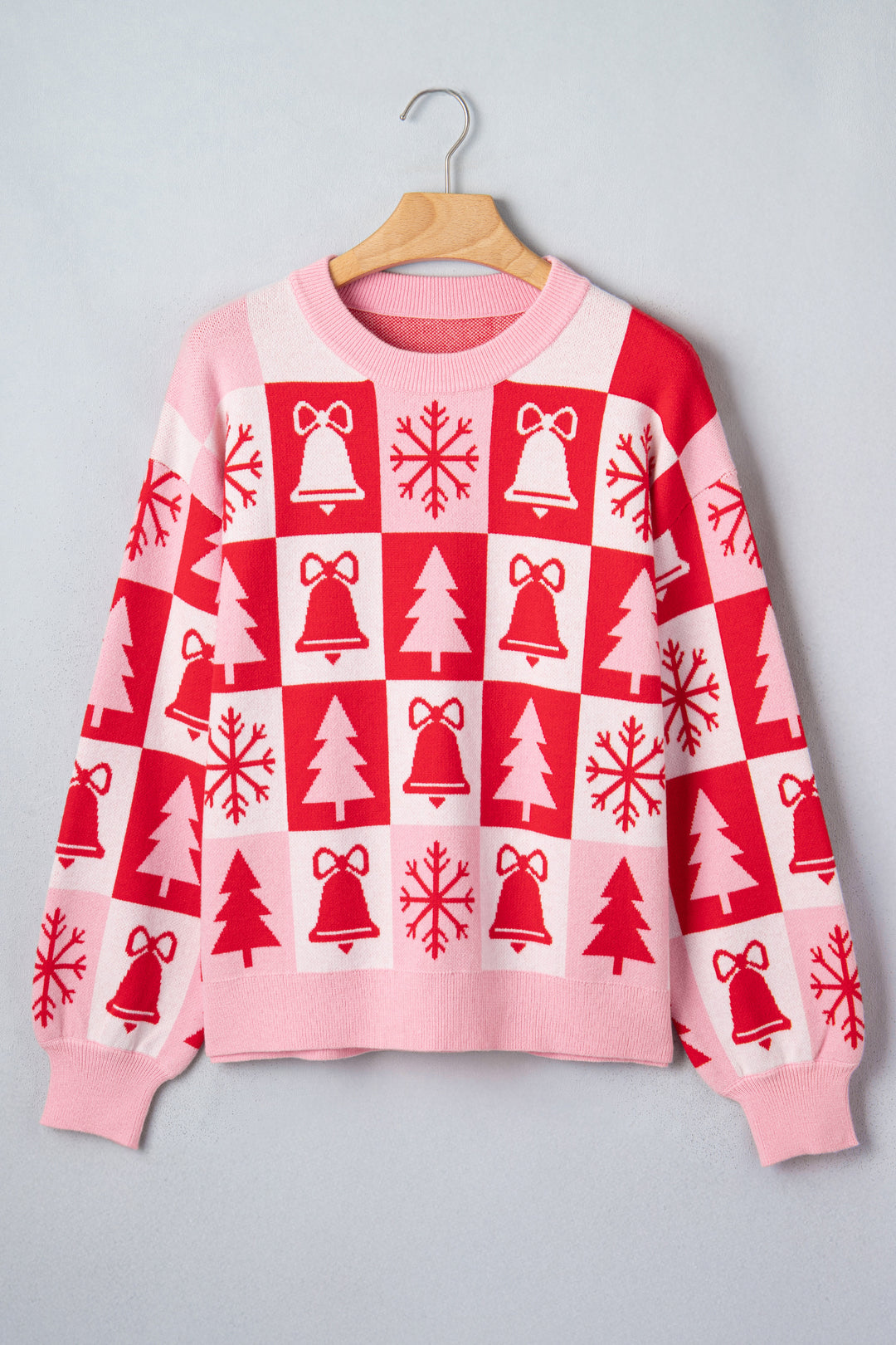 Pink Christmas Plaid Pullover Round Neck Long Sleeve Casual Fit Tunic Knitwear Sweater