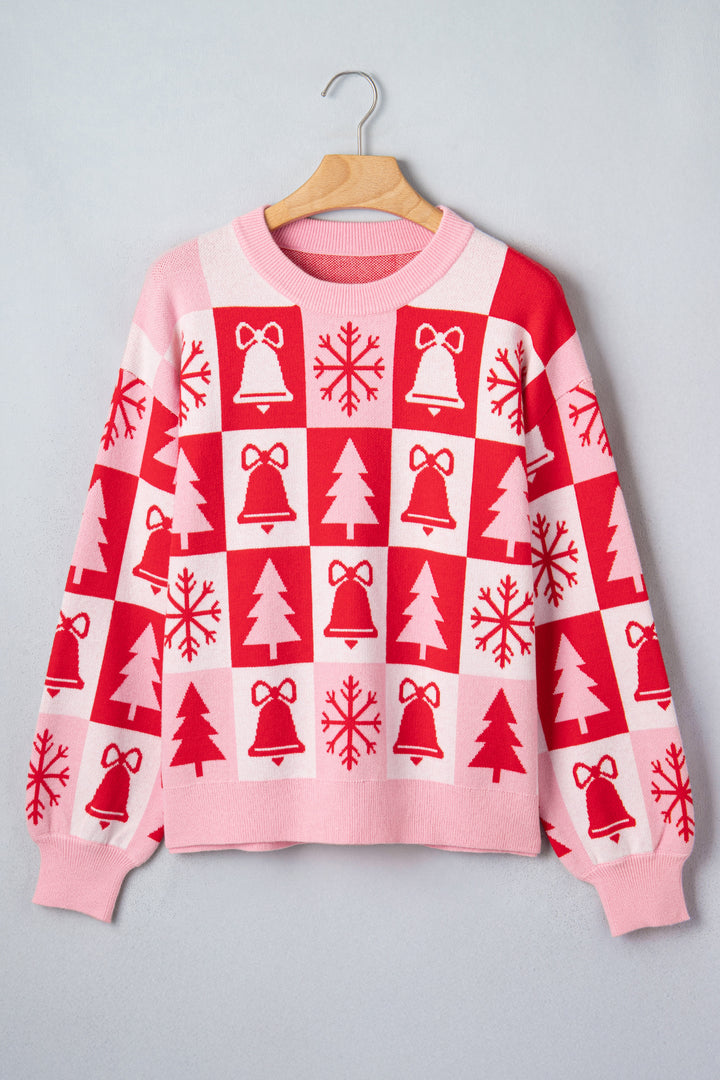 Pink Christmas Plaid Pullover Round Neck Long Sleeve Casual Fit Tunic Knitwear Sweater