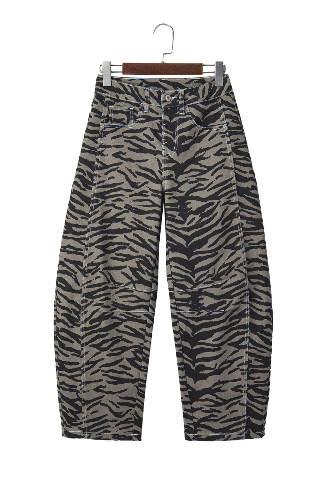 Gray Zebra Stripe Printed Wide Leg Barrel Jeans