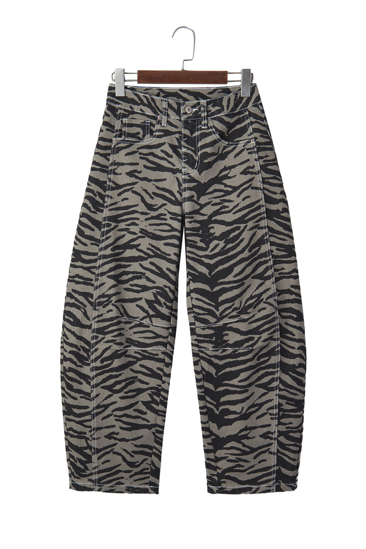 Gray Zebra Stripe Printed Wide Leg Barrel Jeans
