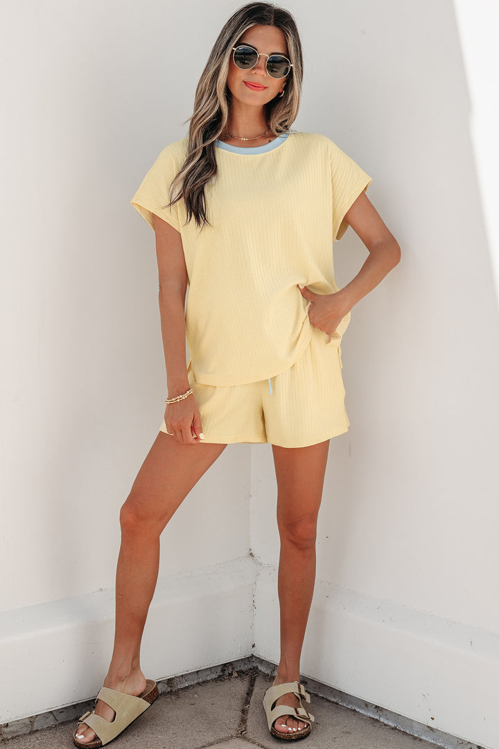 Yellow Cream Soft Ribbed Color Block Trim Casual Short Set