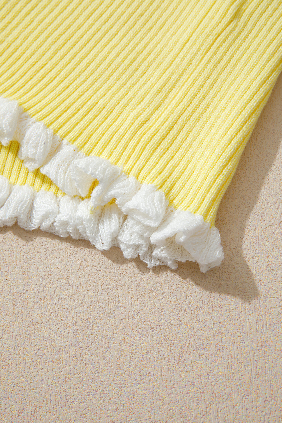 Yellow Cream Ribbed Knit Contrast Frilled Short Sleeve Sweater Cardigan