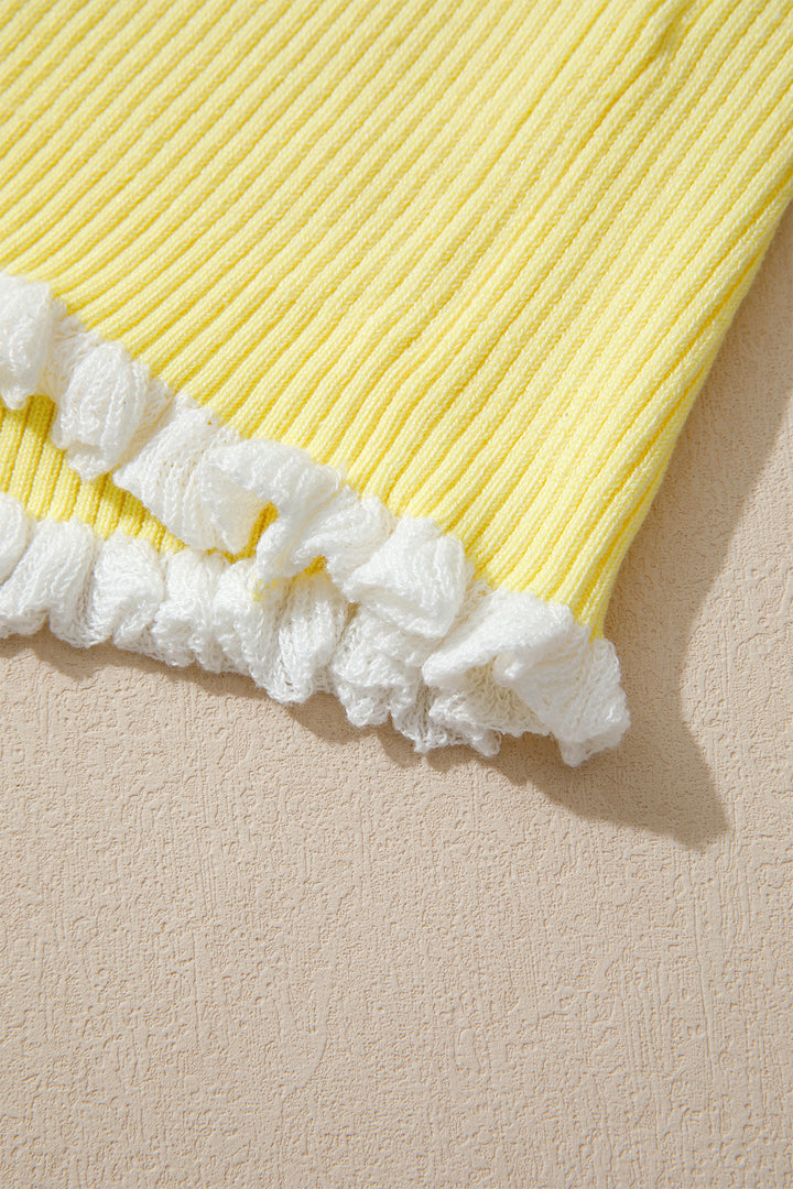 Yellow Cream Ribbed Knit Contrast Frilled Short Sleeve Sweater Cardigan