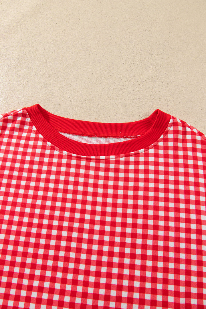 Red Gingham Oversized Ribbed Trim Crew Neck Long Sleeve Top and Skort Set
