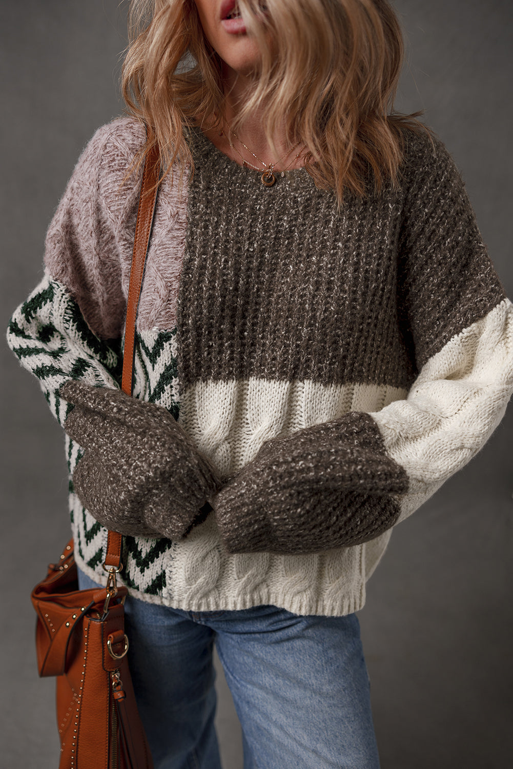 Color Block Patchwork Knotted Back Loose Fit Sweater