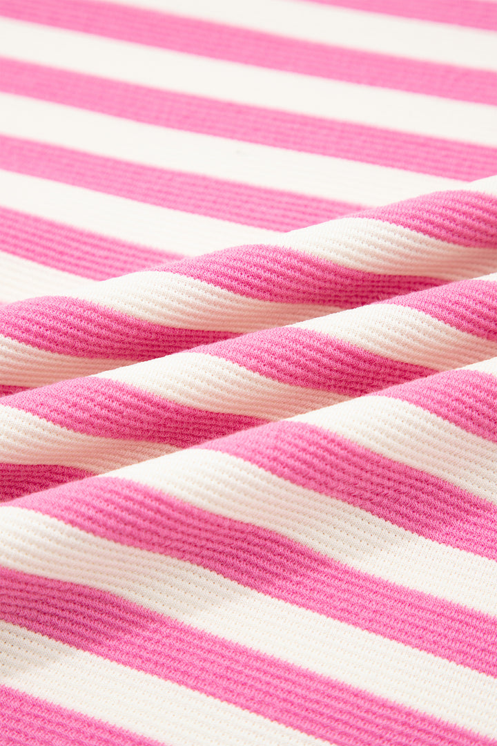 Pink Stripe Contrast Trim Short Sleeve Top Loose Shorts 2pcs Casual Outfit
