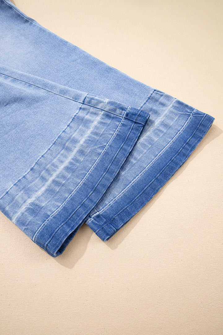 Iceland Blue Unique Hem Design Elastic Waist Flare Leg Jeans