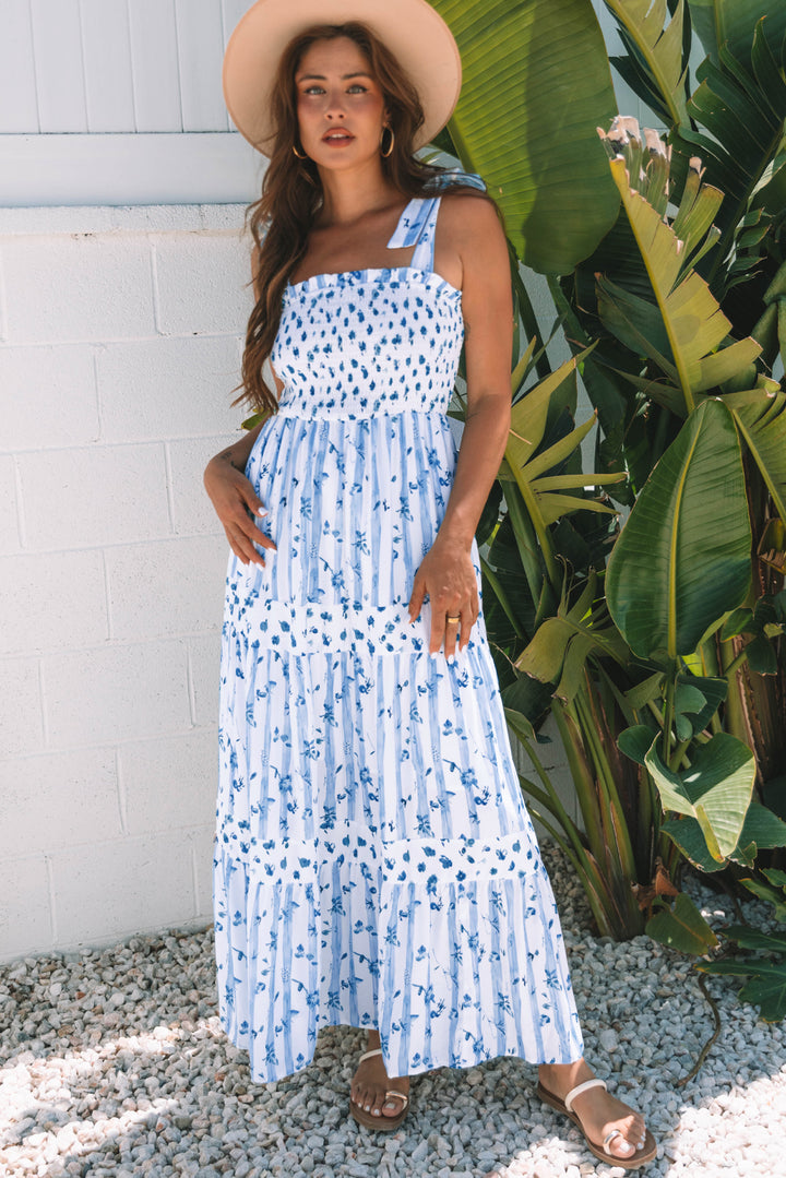 Floral Smocked Tied Straps A-Lined Tiered Maxi Dress