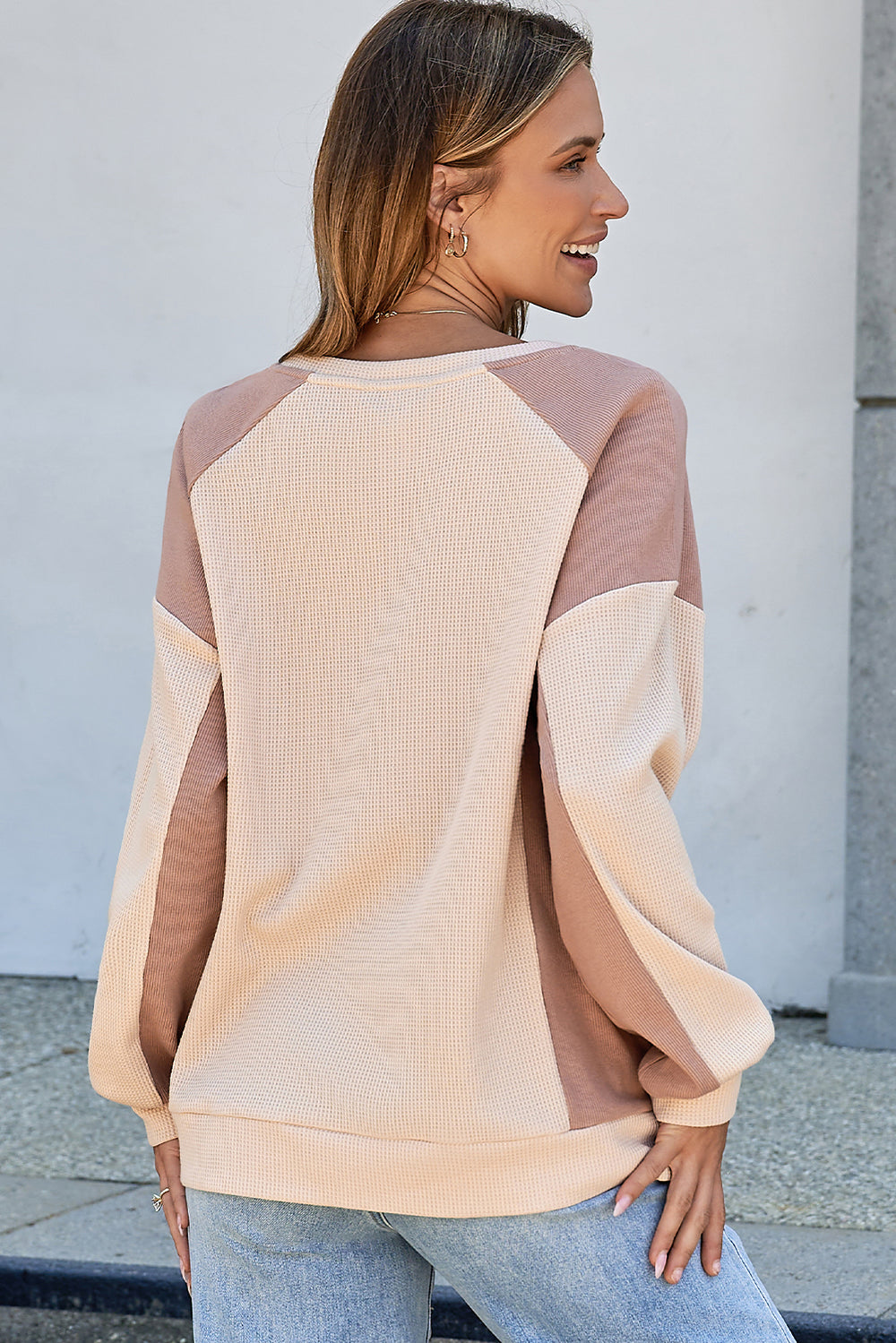 Color Block Waffle High Low Raglan Sleeve Sweatshirt