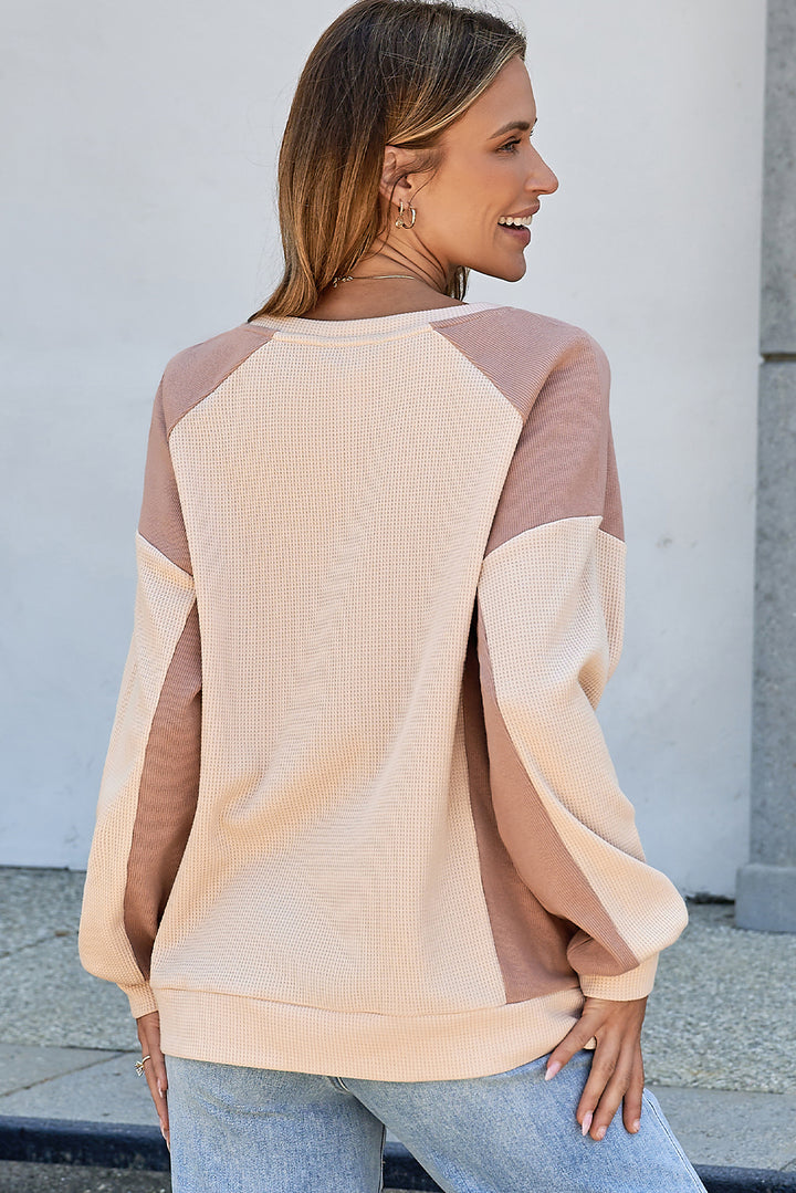 Color Block Waffle High Low Raglan Sleeve Sweatshirt