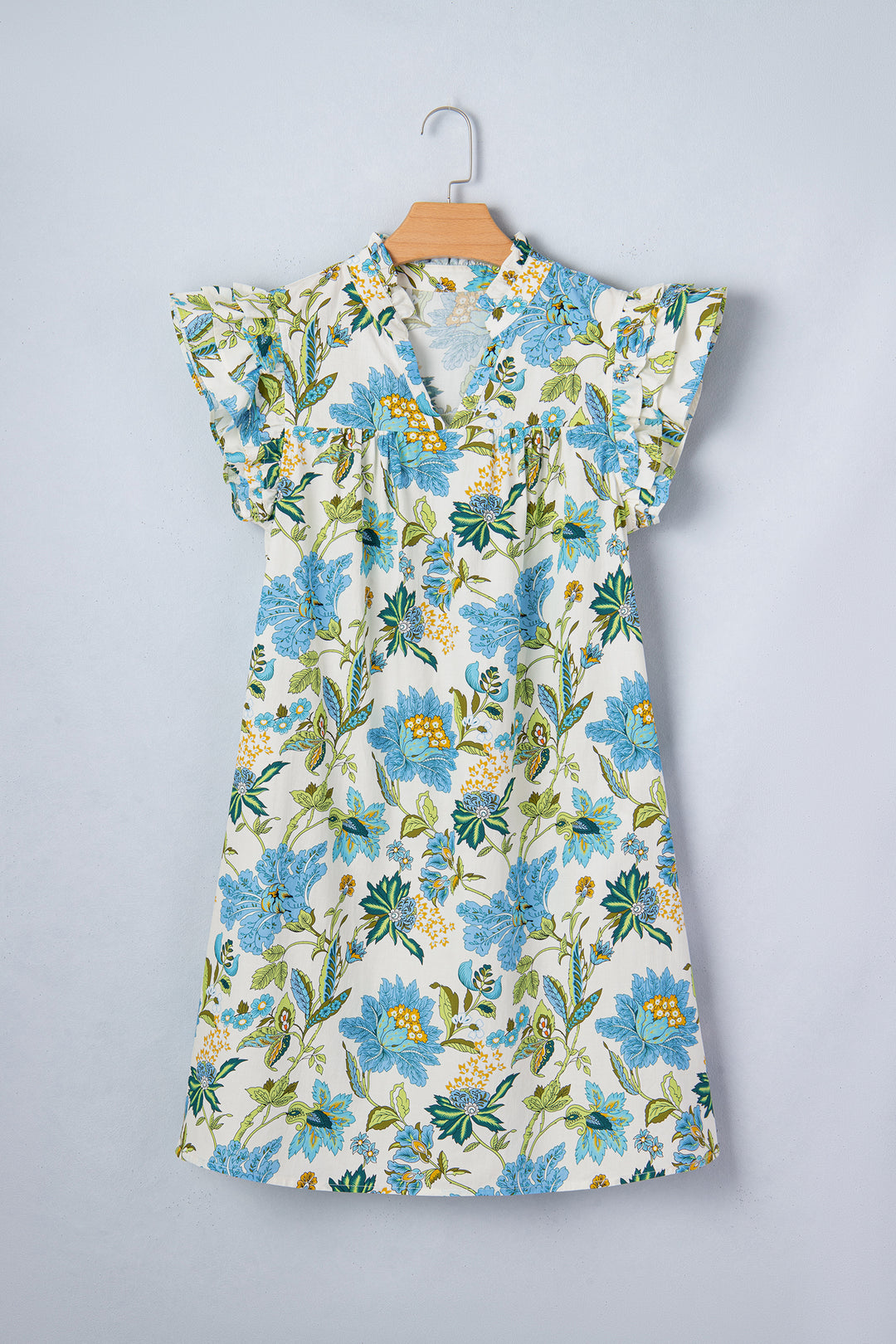 Floral Print V Neck Triple Ruffle Short Sleeve Shift Mini Dress