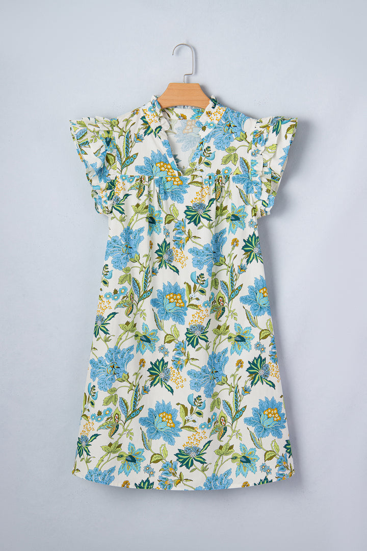 Floral Print V Neck Triple Ruffle Short Sleeve Shift Mini Dress