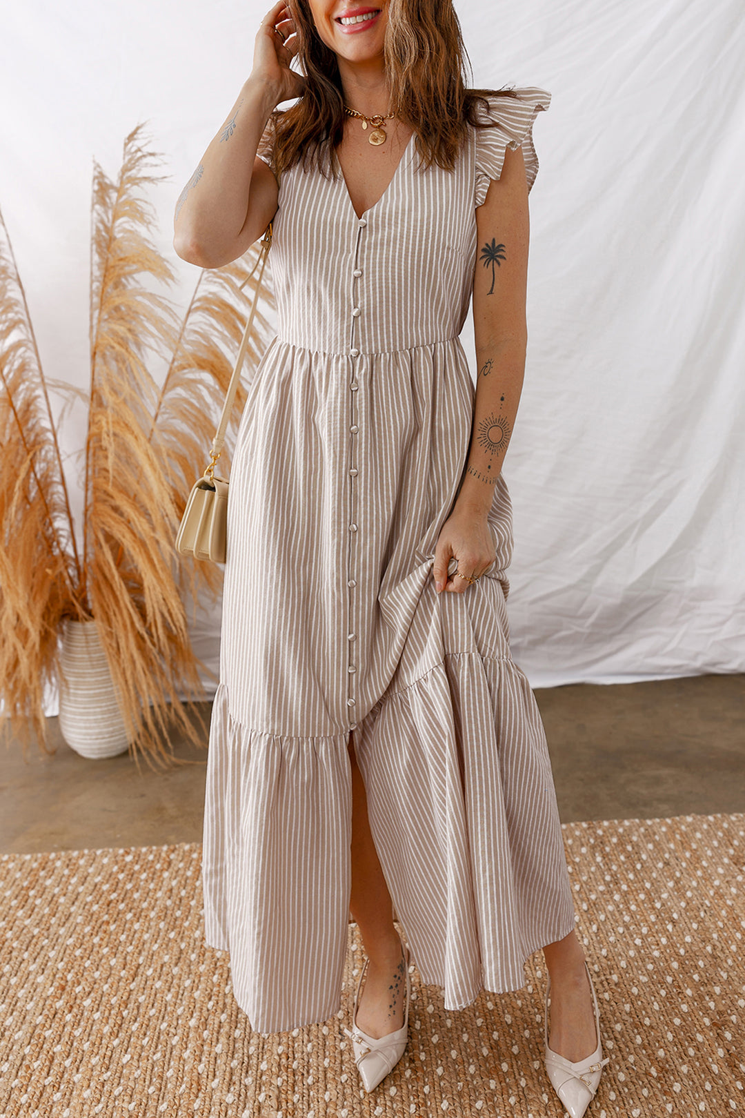 Flutter Sleeve Buttoned Front Slit Maxi Dress