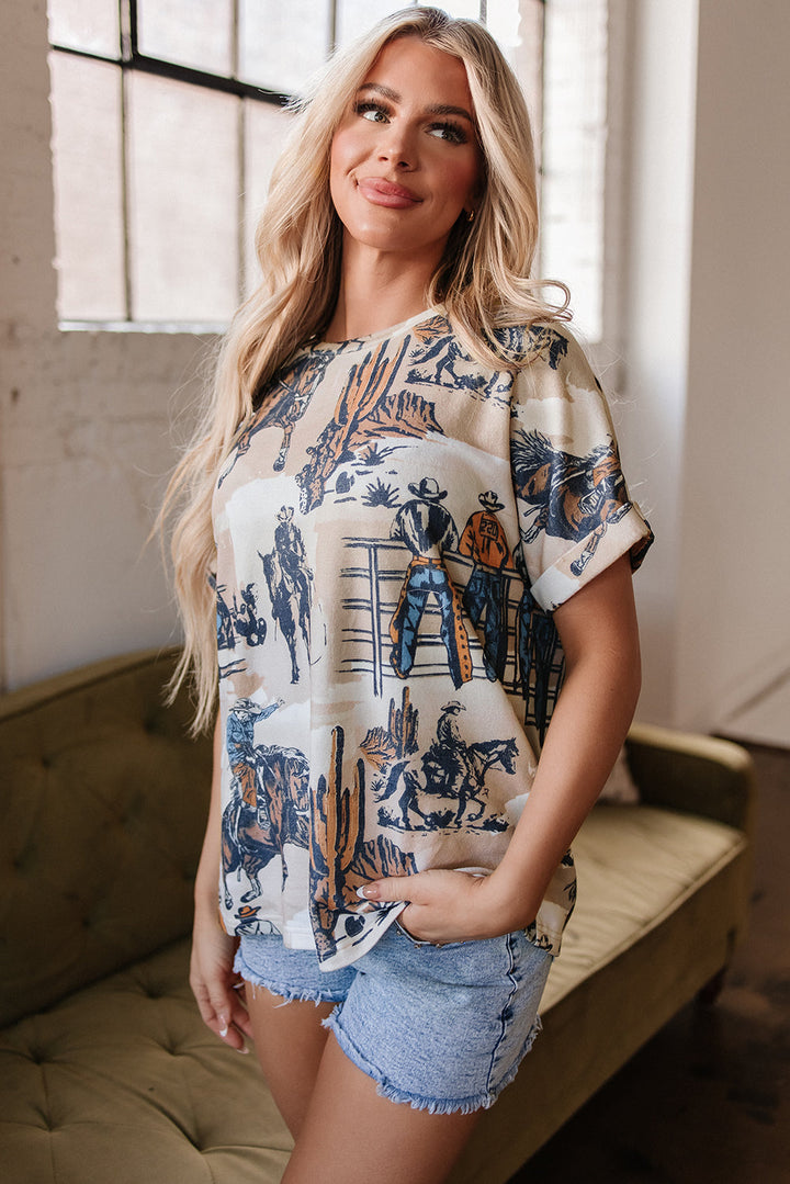 Western Cowboy Print Cuffed Sleeve Crewneck T Shirt
