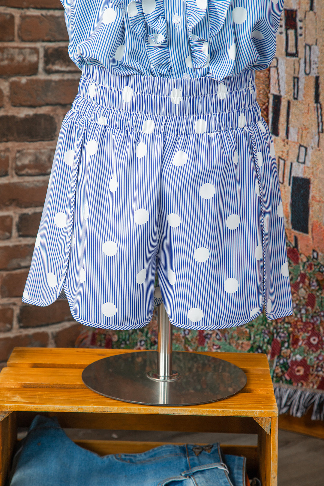 Sky Blue Polka Dot Print Shirred High Waist Casual Shorts