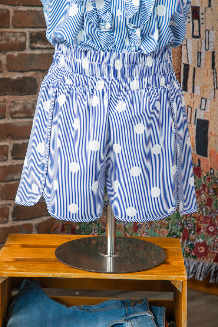 Sky Blue Polka Dot Print Shirred High Waist Casual Shorts