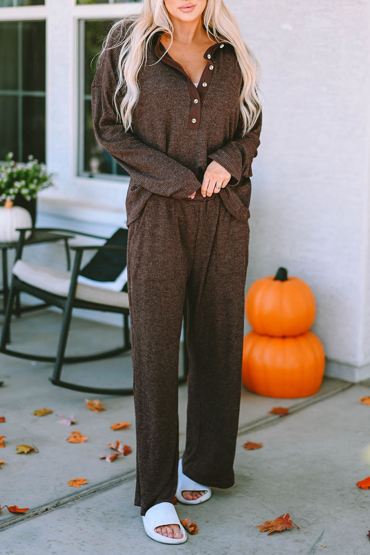 ribbed knit collared henley top and pants lounge outfit