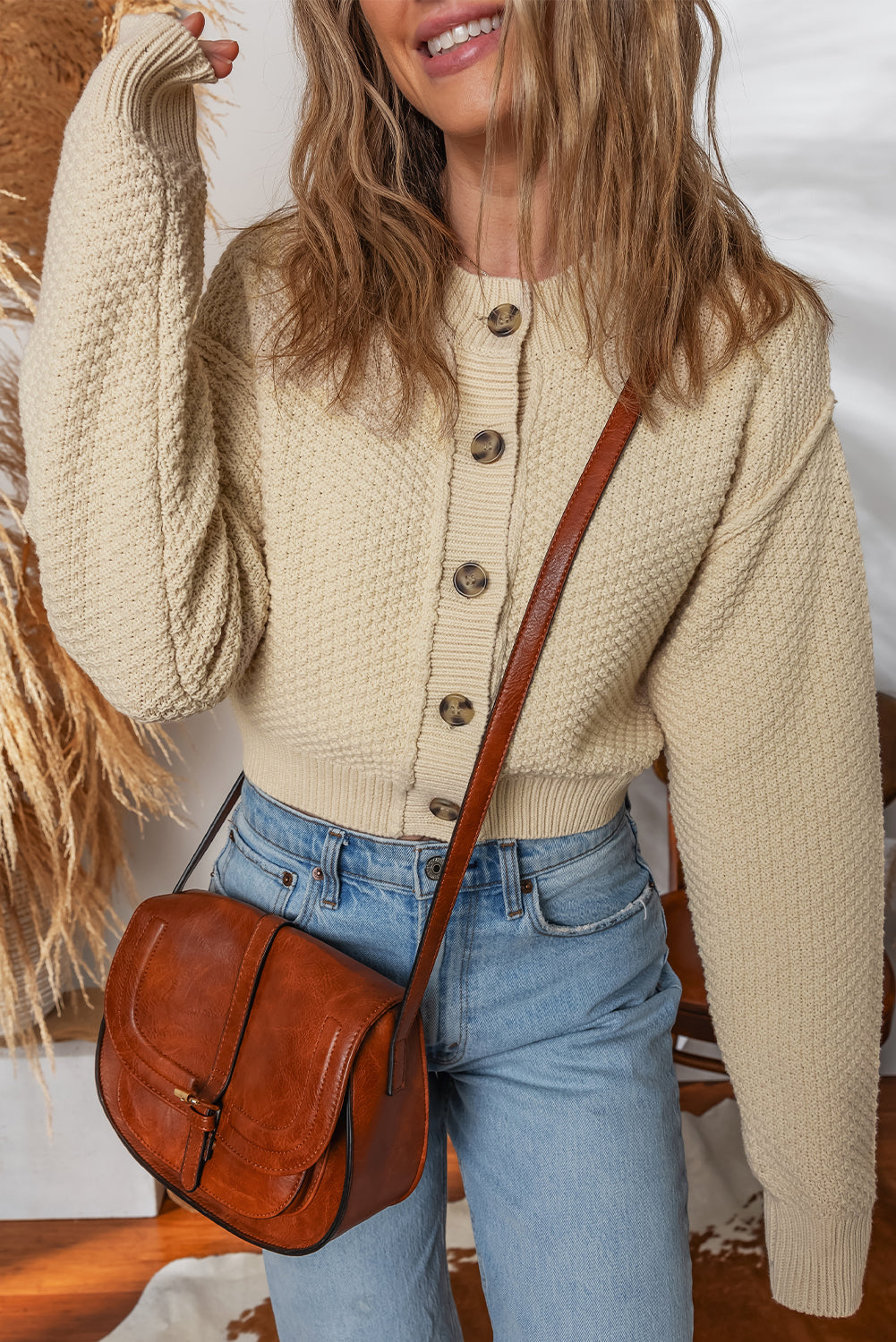 Button Front Cropped Cardigan Sweater
