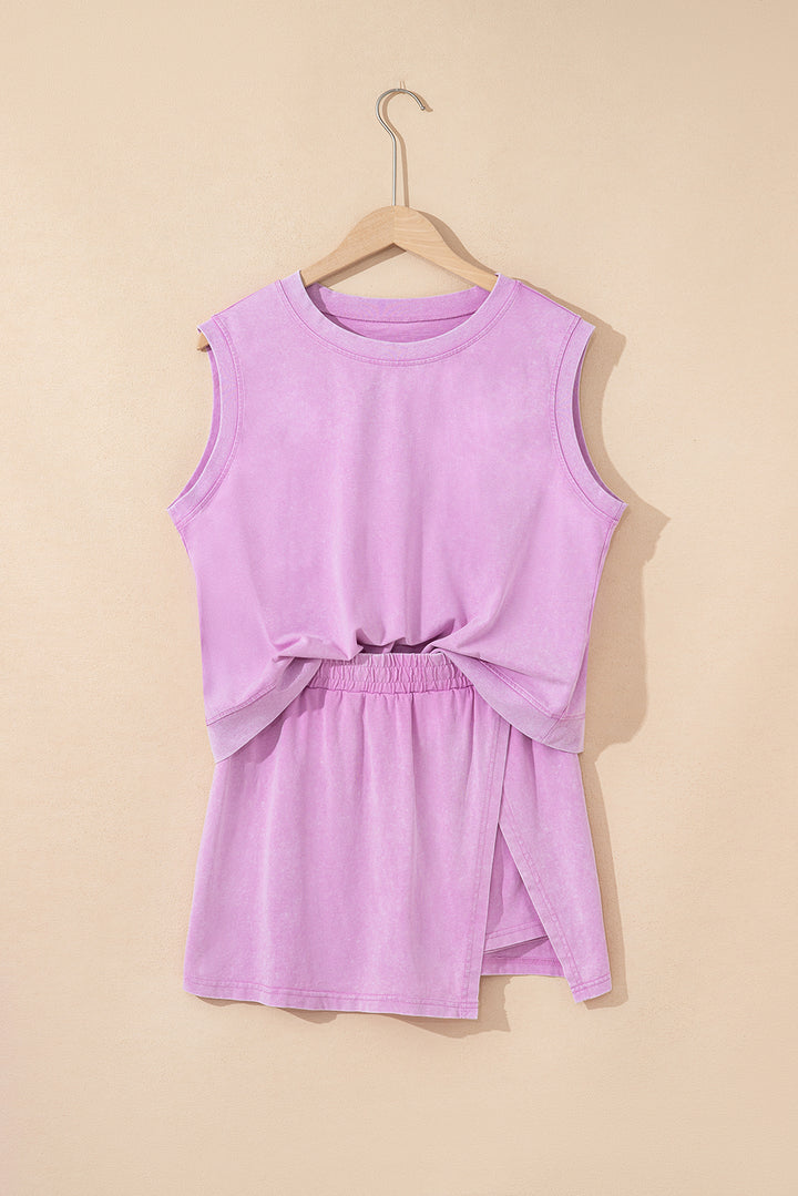 Phalaenopsis Washed Sleeveless Top Split Skort Cotton 2pcs Outfit