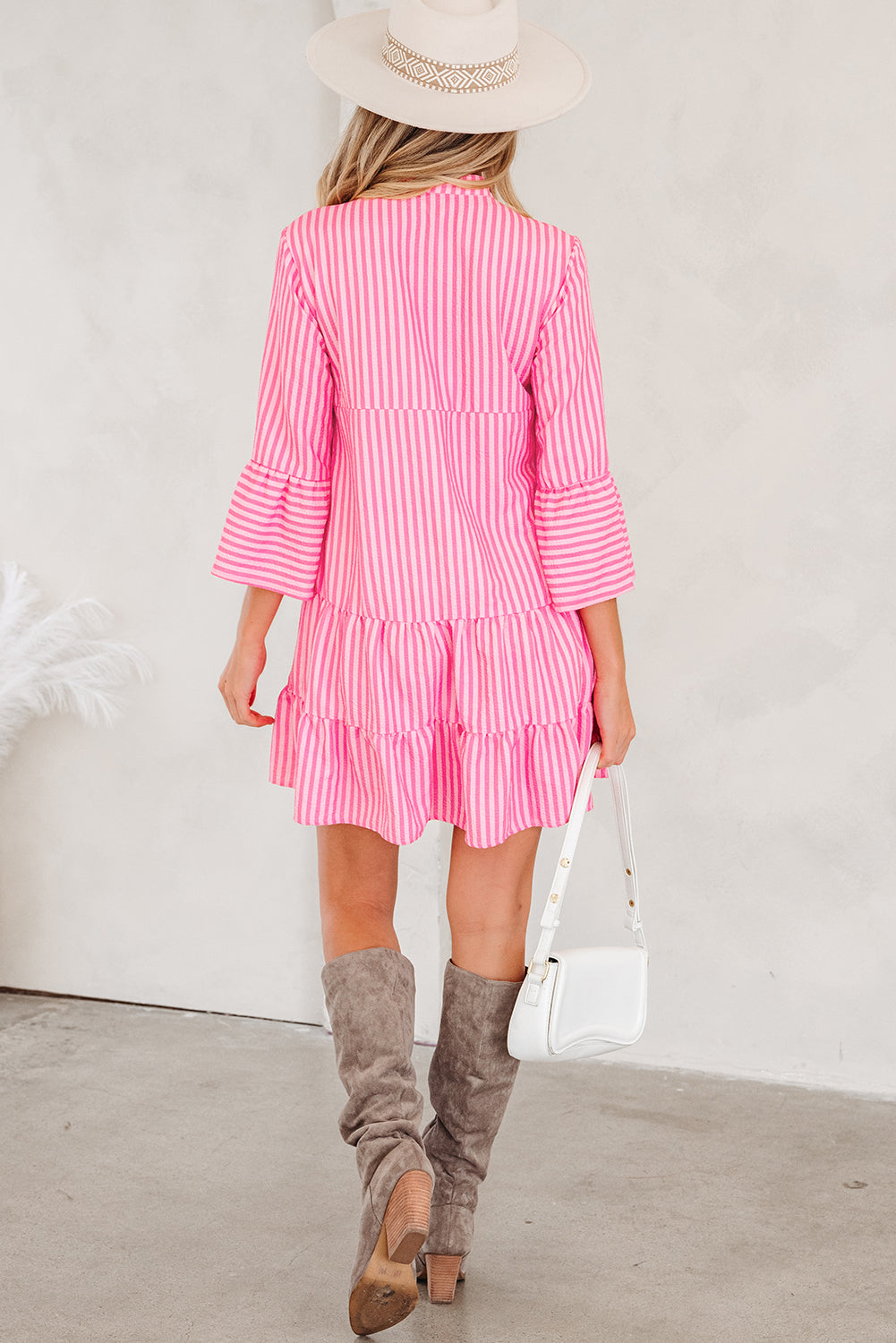 Flare Sleeve Half Placket Tiered Flowy Mini Dress