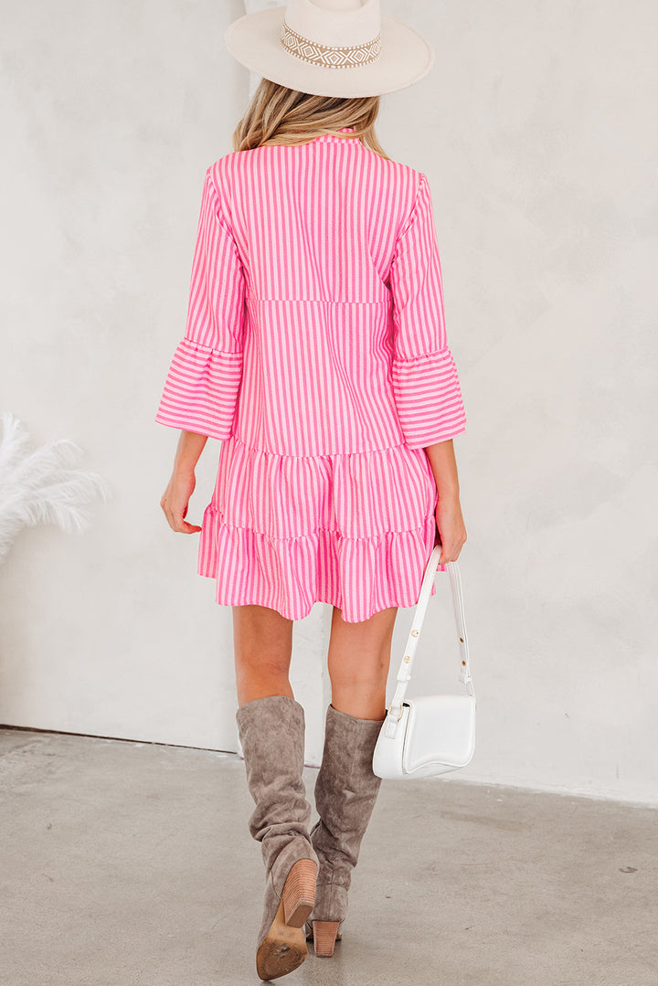 Flare Sleeve Half Placket Tiered Flowy Mini Dress