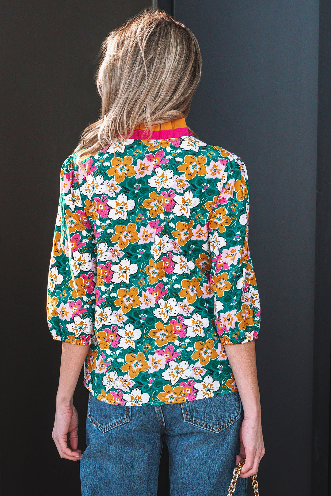 Floral Print Contrast Trim Frilled V Neck 3/4 Sleeve Blouse