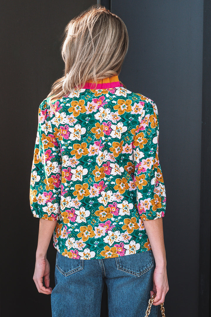Floral Print Contrast Trim Frilled V Neck 3/4 Sleeve Blouse