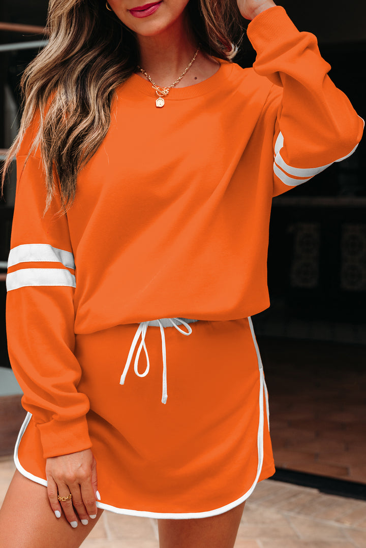 Orange Varsity Stripe Detail Pullover Mini Skort Set