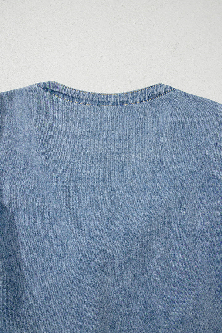 Tied Front Long Puff Sleeve Denim Top