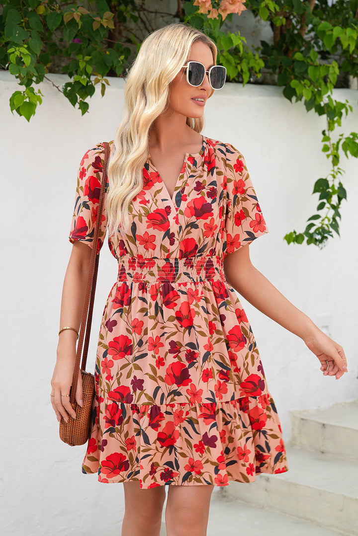 Red Floral Print Wrap V Neck Short Sleeve High Waistband Mini Dress