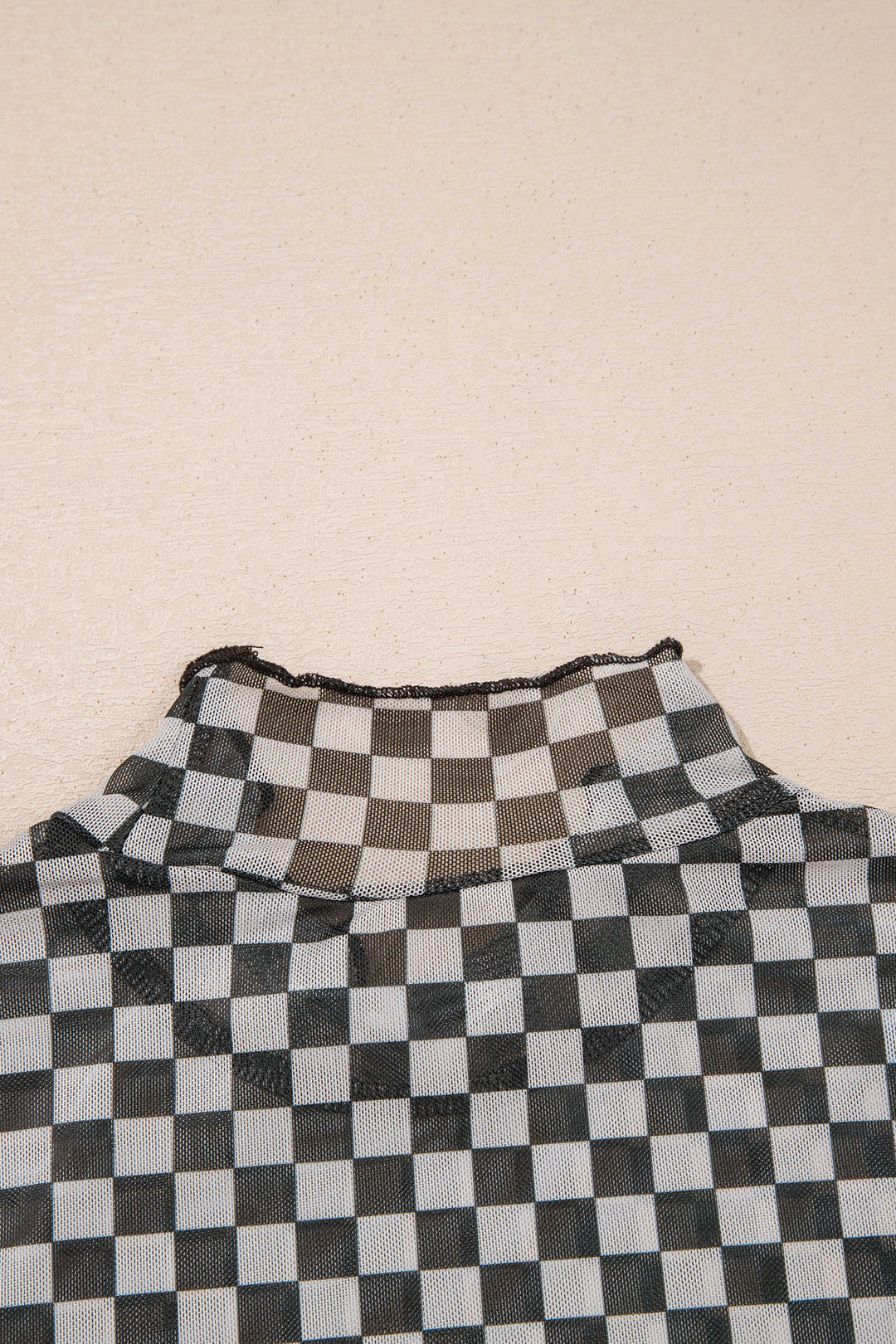 Black Plaid Stand Neck Long Sleeve Mesh Top