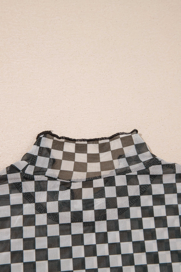 Black Plaid Stand Neck Long Sleeve Mesh Top