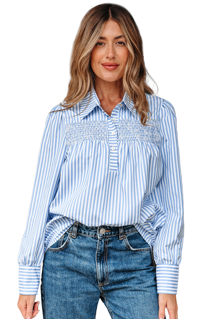 Shirred Detail Half Placket Collared Long Sleeve Fall Shirt