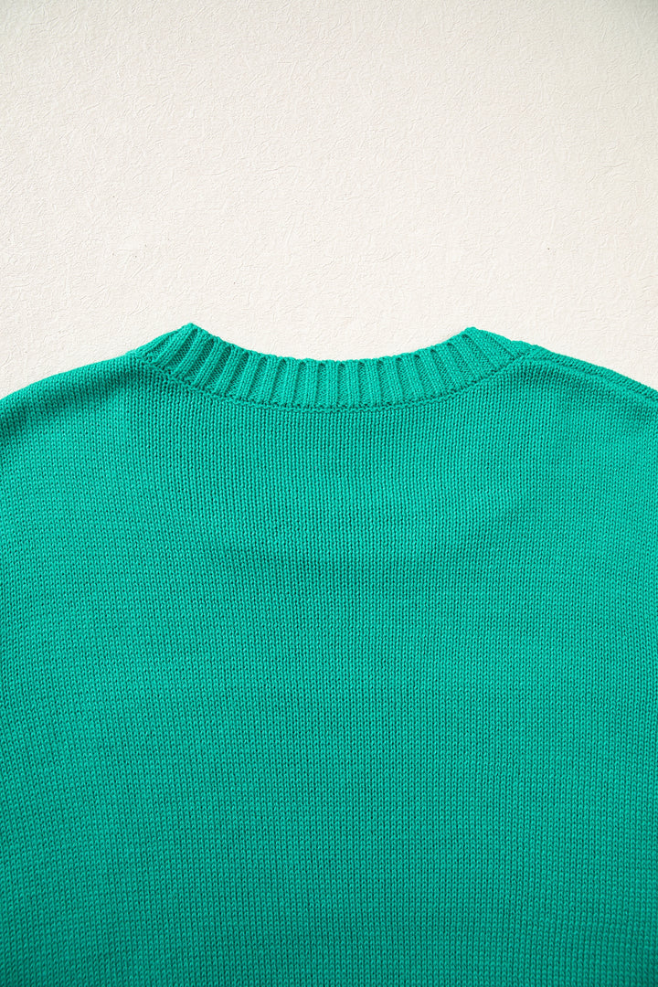Bright Green Merry Print Ribbed Trim Round Neck Loose Fit Sweater