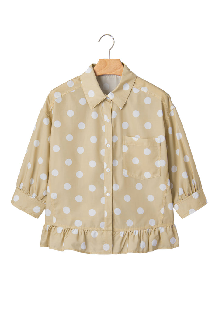 Khaki Polka Dot Print Three Quarter Sleeve Ruffle Hem Casual Shirt