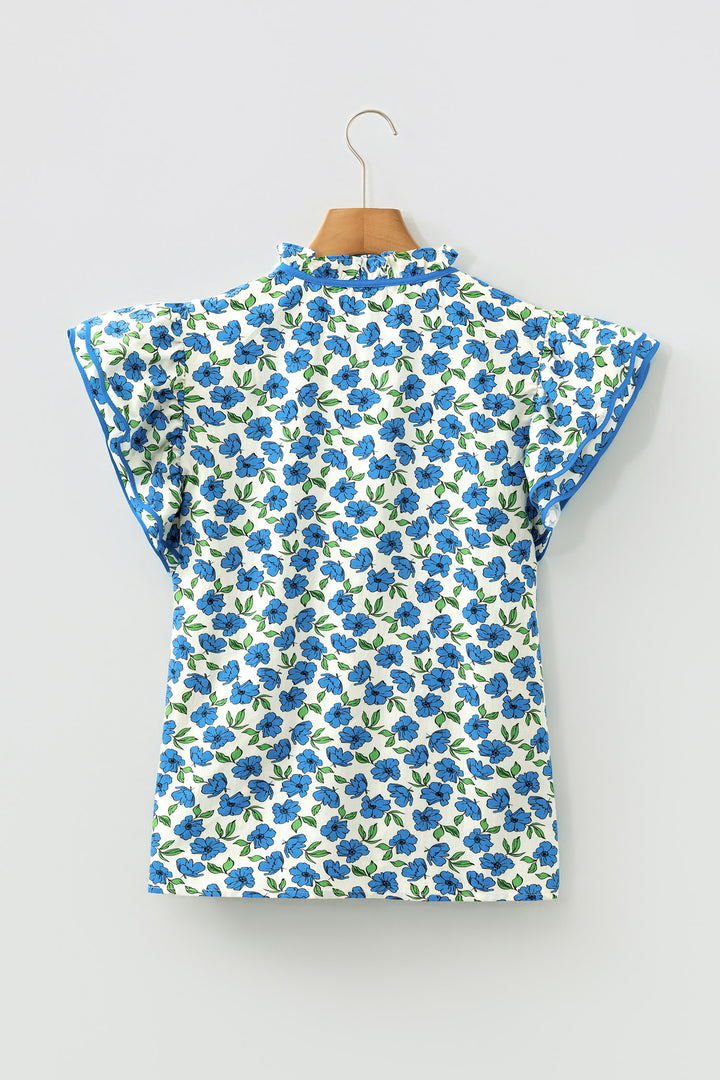 Tiered Flutter Sleeve Pleated Flower Blouse