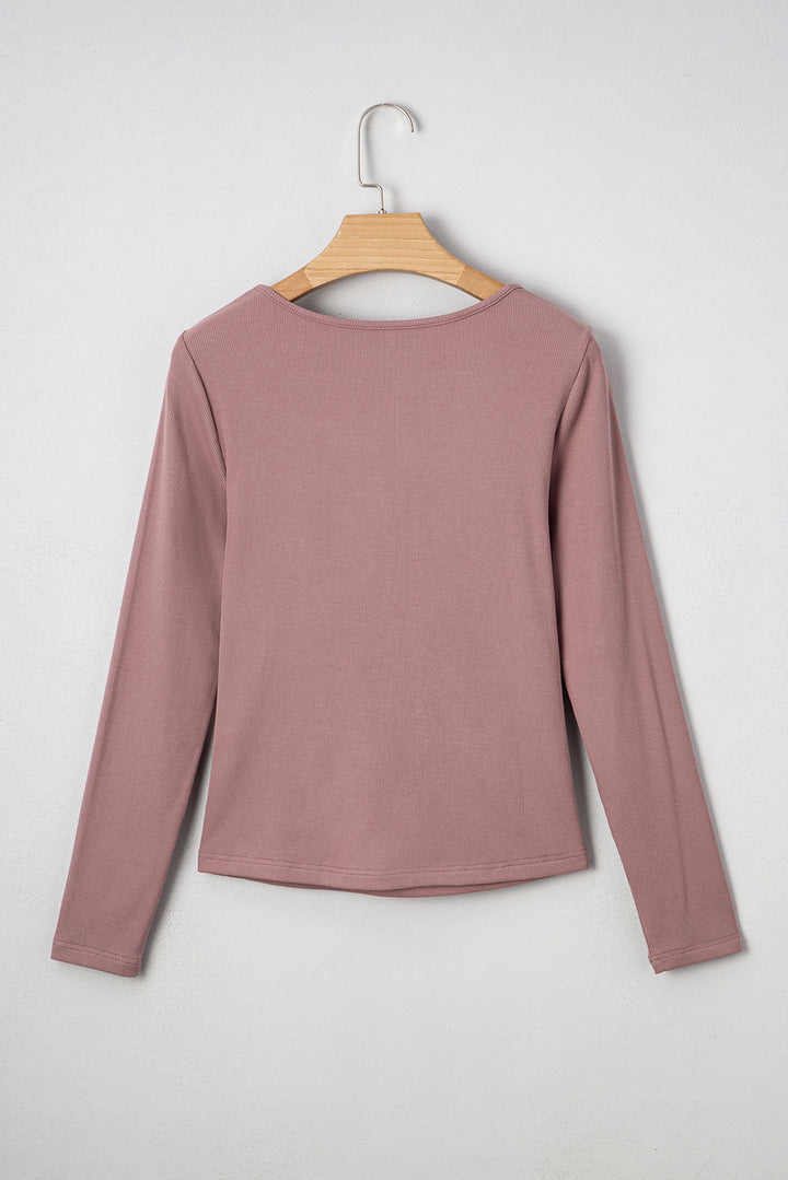 Gathered Bust Square Neck Ribbed Fit Long Sleeve Top