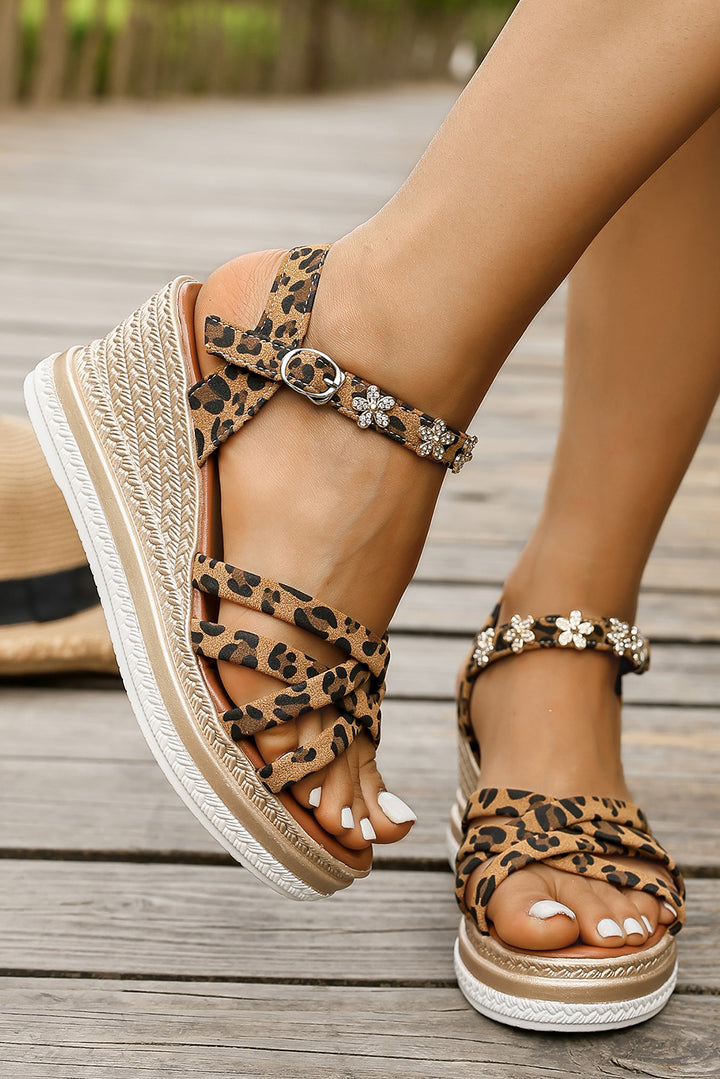 Rhinestone Flower Decor Leopard Strappy Wedge Sandals