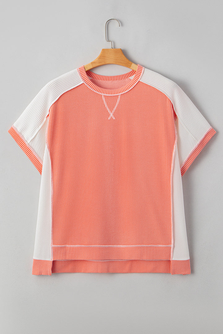 Carrot Twist Rib Colorblock Hi Low Plus Size Short Sleeve Top