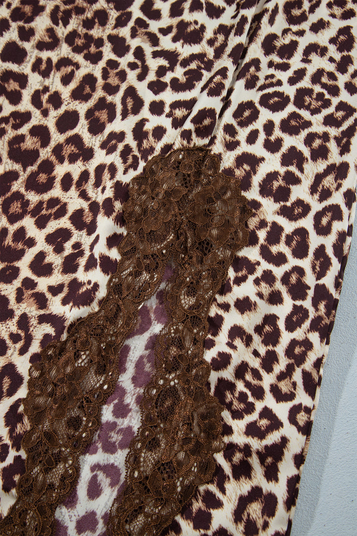 Khaki Cheetah Print Trim Split Long Western Skirt