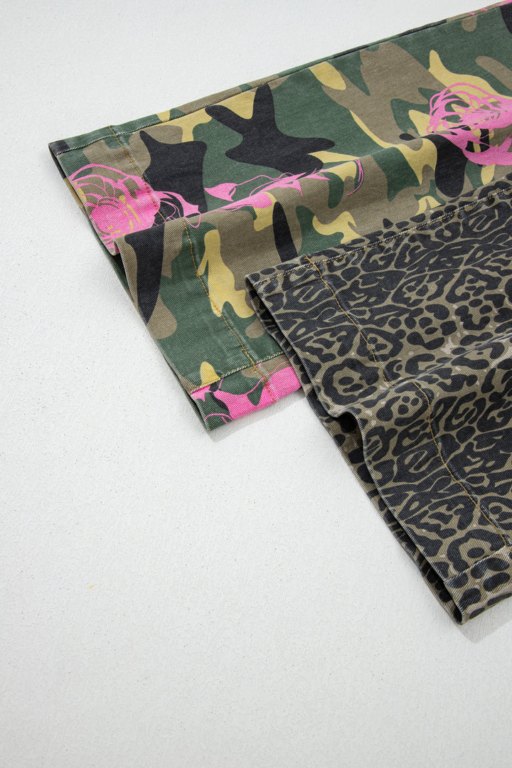 Multicolour Abstract Camouflage Print Contrast Leopard Patchwork Straight Leg Jeans