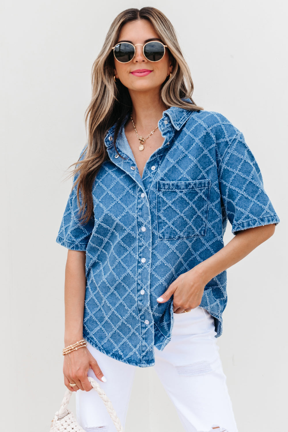 checkered textured short sleeve patched pocket denim shirt