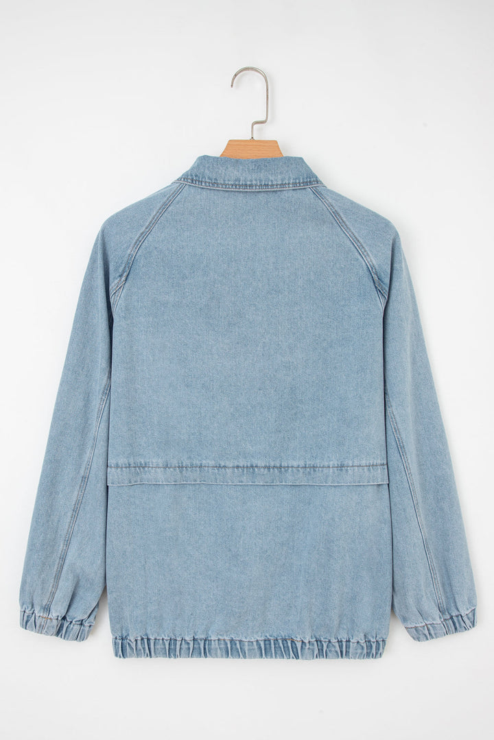 Myosotis Elastic Edge Collared Zip Up Denim Jacket With Pocket