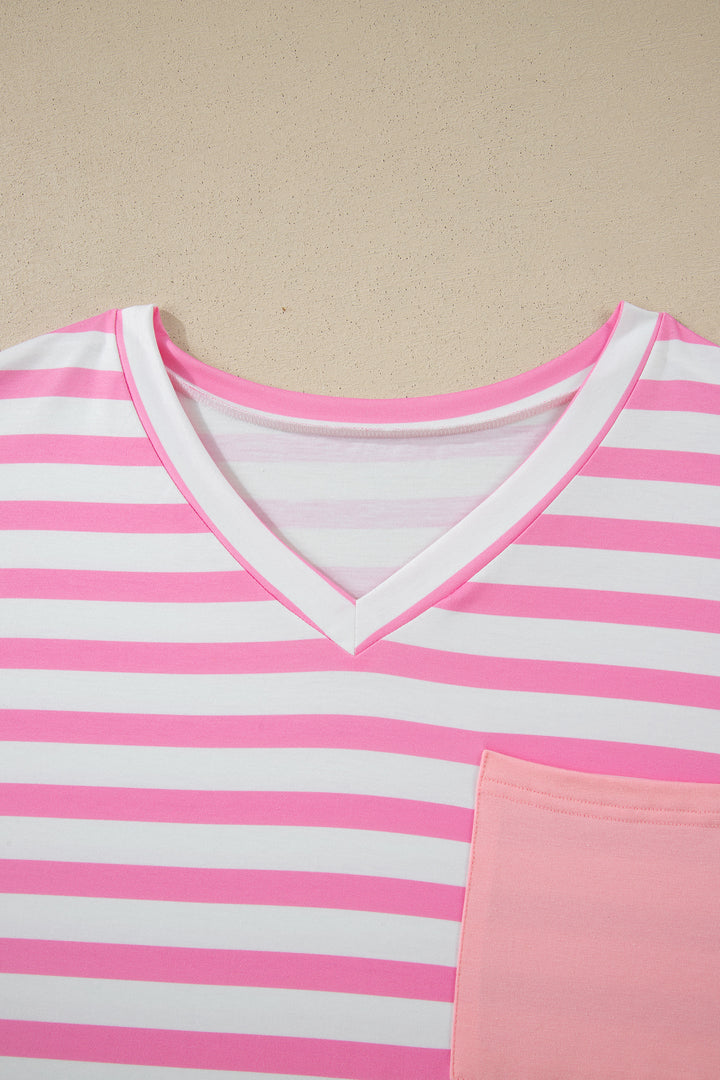 Pink Stripe Patched Pocket V Neck Plus Size Tee