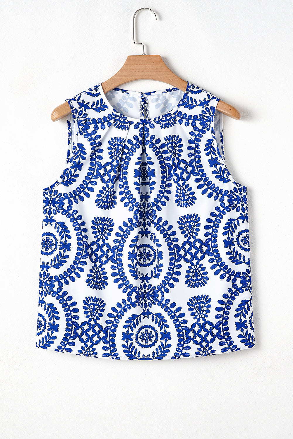 Vintage Print Pintuck Crew Neck Tank Top