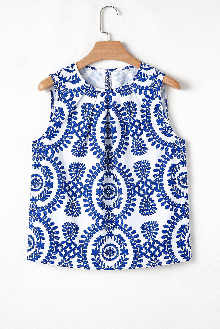 Vintage Print Pintuck Crew Neck Tank Top