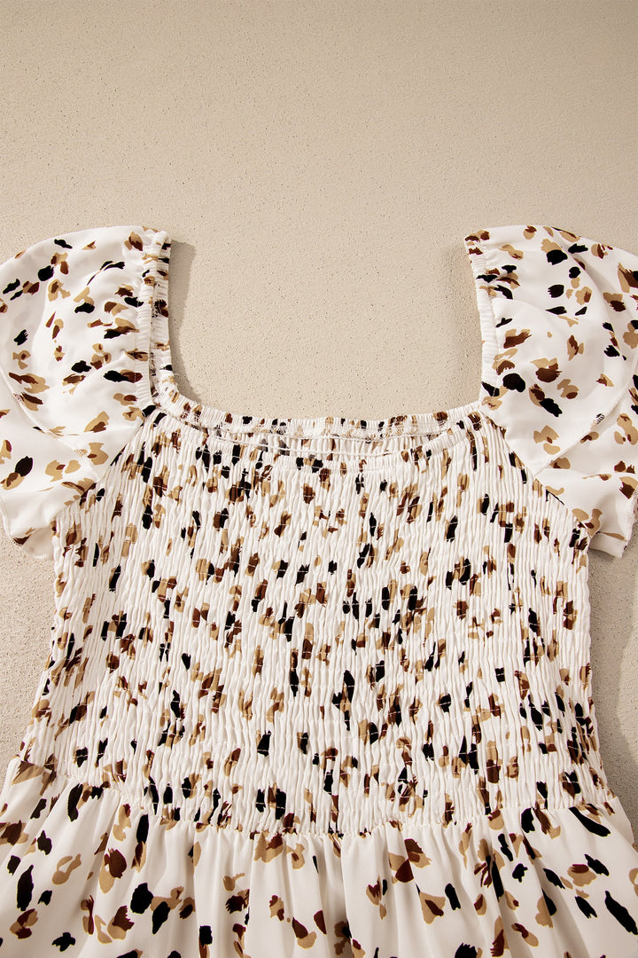 Beige Ditsy Floral Print Smocked Square Neck Ruffle Short Sleeve Dress